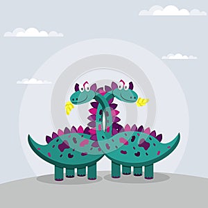 Two cute dinosaurs hugging long necks. vector illustration