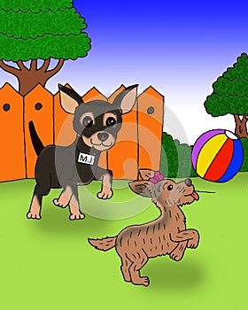 Two cute dog playing a ball cartoon