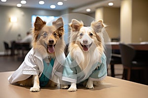 Two cute dogs in doctor's robe sitting on the table on the vet's office photo