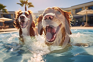 Two cute dogs enjoy playing in pet friendly hotel swimming pool on vacation. Generative AI