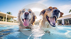 Two cute dogs enjoy playing in pet friendly hotel swimming pool on vacation. Generative AI