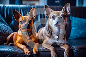 two cute dogs looking and lying on the sofa at home. Dogs in city apartments. Generative AI