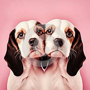 Two cute dogs in love on a pink blank background, generative AI