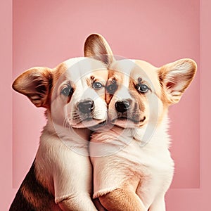 Two cute dogs in love on a pink blank background, generative AI
