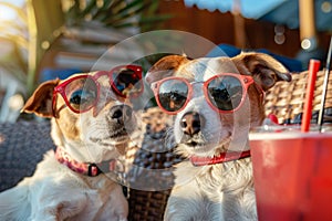 Two cute dogs with red summer drink and stylish sunglasses relaxing outdoors on a sunny day