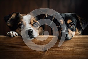 Two cute dogs in a wooden box on a dark background. The concept of love for animals. Cute dogs peeking over a wooden board, AI