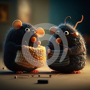 Two cute doll rats knitting scarves on a blurry background, postcard