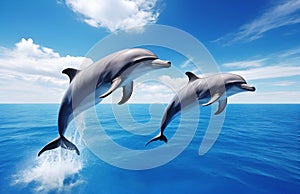 Two cute dolphins jumping on beautiful blue sea