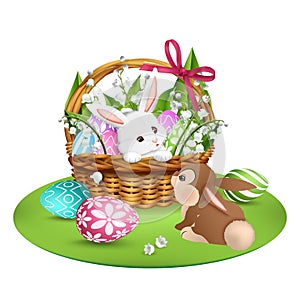 Two cute bunnies. Easter background.