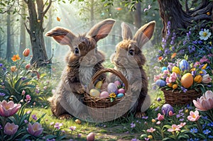 Two cute Easter bunnies holding a basket of Easter eggs ,in a spring garden with flowers,Easter card