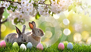 Two cute Easter bunnies under a fruit tree with white blossoms