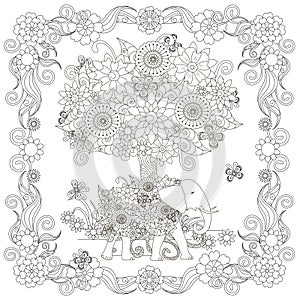 Two cute elefant under tree colorful page for web, for print. Floral monochrome tin line illustration