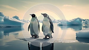 Two cute emperor penguins confused by ice melting, world global planet climate change. Generative AI