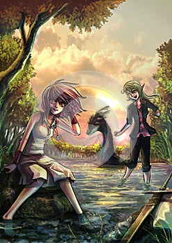 Two cute fantasy girls resting on the riverside bank photo