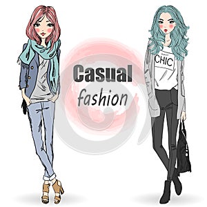 Two cute, fashion, cartoon girls.