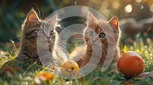 Two cute Felidae kittens relaxing on grass with a ball