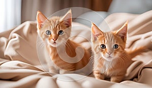 Two cute fluffy ginger kittens on a light blanket background.Young cats at home. Love for pets concept.