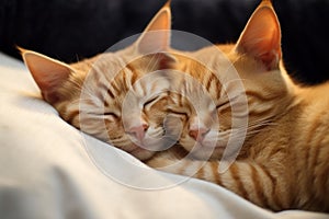 Two cute fluffy red kittens sleeping next to each other on a white blanket. Beautiful cat faces close up