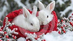 Two cute fluffy white bunnies in red knit blanket in snow. Valentine\'s day holiday concept