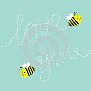 Two cute flying bee. Dash line Love you text in the sky. Greeting card. Baby background. Flat design.