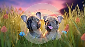 Two cute french bulldog puppies sitting in the grass with flowers