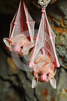 Two Cute Fruit Bats Hanging Upside Down on a Dark Cave Background, Reflecting Natural Bat Habitat and Behavior