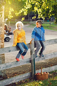 Two cute funny Caucasian children boy girl sitting on wooden rustic fence in park farm outside. Friends siblings kids talking at