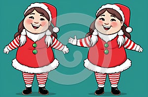 Two cute funny girls in Santa outfit, illustration on a green background