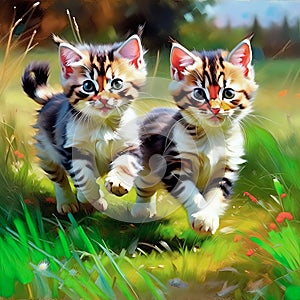 Two cute funny playful kittens are jumping in the meadow