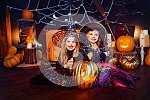 Two cute funny sisters celebrate the holiday. Jolly children in carnival costumes ready for Halloween.