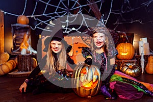 Two cute funny sisters celebrate the holiday. Jolly children in carnival costumes ready for Halloween.