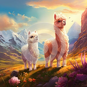 Two cute furry differently colored alpacas on a mountain meadow   Made With Generative AI illustration