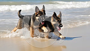 Two cute German Shepherd puppies playing and running on the beach