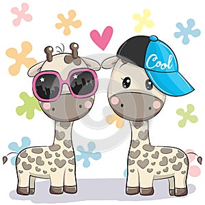 Two Cute giraffes with glasses and cap photo