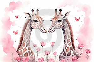 Two cute giraffes are happy because they are in love with each other with hearts. valentine's day.