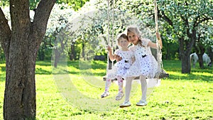 Two cute girls sisters swinging on wooden swing in beautiful spring time park