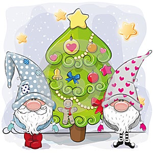 Two cute gnomes and Christmas tree photo