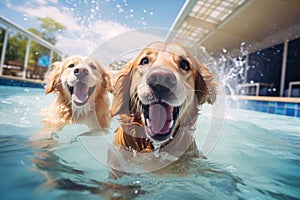 Two cute Golden retriever dogs enjoy playing in pet friendly hotel swimming pool on vacation. Generative AI