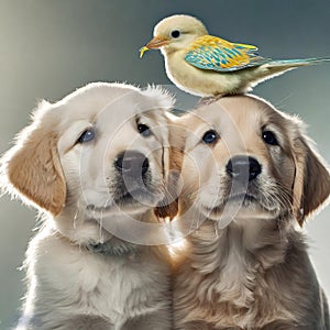 Two cute Golden retriever puppies with a bird on head