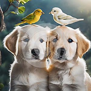 Two cute Golden retriever puppies with a bird on head