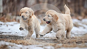 Two cute golden retriever puppies playing