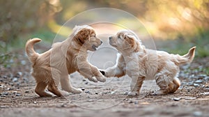 Two cute golden retriever puppies playing