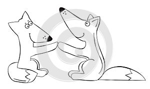 Two cute hand-drawn cartoon foxes, veector illustration.Cartoon character foxes