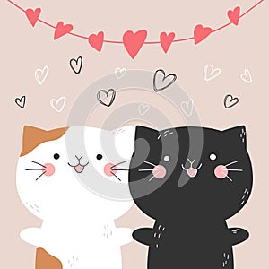 Two cute hand drawn cats holding each other paws under the garland of hearts. Valentines Day