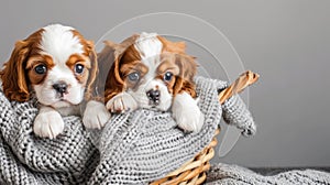 two cute and happy beige and white Cavalier King Charles Spaniel puppies as they play joyfully in a basket adorned with