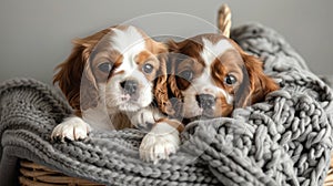 two cute and happy beige and white Cavalier King Charles Spaniel puppies as they play joyfully in a basket adorned with