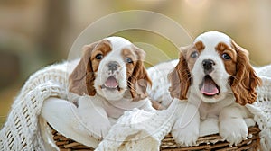 two cute and happy beige and white Cavalier King Charles Spaniel puppies as they play joyfully in a basket adorned with