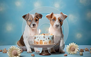 Two cute happy puppy dogs with a birthday cake celebrating at a birthday party.