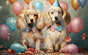 Two cute happy puppy dogs with a birthday cake celebrating at a birthday party.