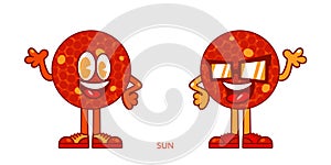 Two Cute Happy Smiling Sun Cartoon Characters